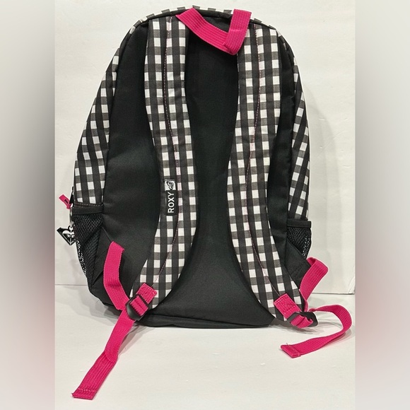 Roxy Black White Pink Roxy Logo Checkered Design 2 Pocket Medium Sized Backpack - Picture 6 of 12